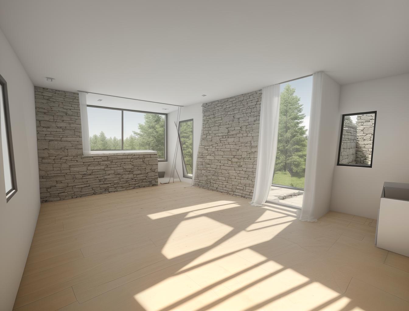  create a photorealistic image of a minimalist room with a stone wall and a large window. the stone wall should add texture and depth to the clean, modern design, while the window brings in natural light, enhancing the room's airy feel.