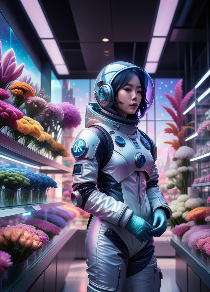  (art by style of ross tran:1.2): space flower shop, seller in spacesuit, flower bouquets covered with glass caps, against the backdrop of the magic tower, against a backdrop of shelves with bouquets under glass caps, sci fi abstract art, multicolore, (frame with intricate thin celtik magical symbol ornamentation:1.4) :: (thin: 1,3) lines,, civitai