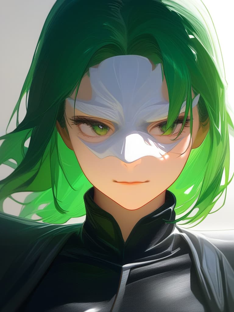  portrait view of a anime women,full white militar uniform hat,half face,joker mask,women face,photorealistic anime style,giger style,pop art tendencies,strong facial expression,(((green hair))),professional illustration,bold colors,chiaroscuro,beautiful shades,intense close ups,bright and glossy surface textures,octane render,zbrush ar 1:1 s 750