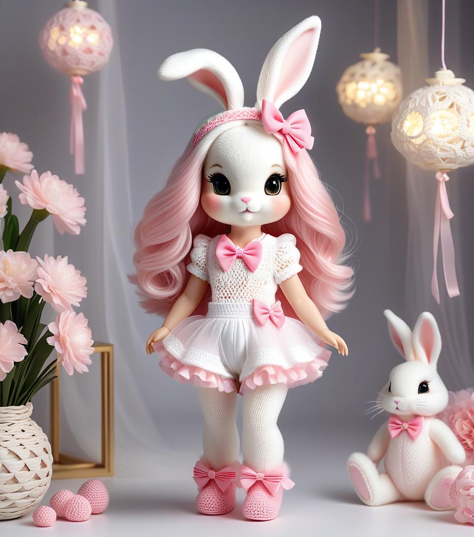  luxury product style a very cute white and pink fluffy bunny, cute cute, with long fluffy floppy ears, with a fashionable elegant crochet headband with a bow, and decorations, standing on two legs, in a crocheted white and pink jumpsuit with ruffles, tulle ruffles, with draperies, with ruffled tulle, with a bow, a peplum, very detailed, dressed in beautiful crocheted shoes with a bow, flying fireflies and neon hearts, glare of light, radiance, fabulously beautiful, tenderness, love, aesthetics, best quality: 1.3, for maximum detail and clarity, professional photo, fotorealism, high resolution, high detail , iso 3200, f/2.8, 16k, uhd, 1/8000sec, 30mm lens, bright light . elegant, sophisticated, high end, luxurious, professional, highly detai hyperrealistic, full body, detailed clothing, highly detailed, cinematic lighting, stunningly beautiful, intricate, sharp focus, f/1. 8, 85mm, (centered image composition), (professionally color graded), ((bright soft diffused light)), volumetric fog, trending on instagram, trending on tumblr, HDR 4K, 8K