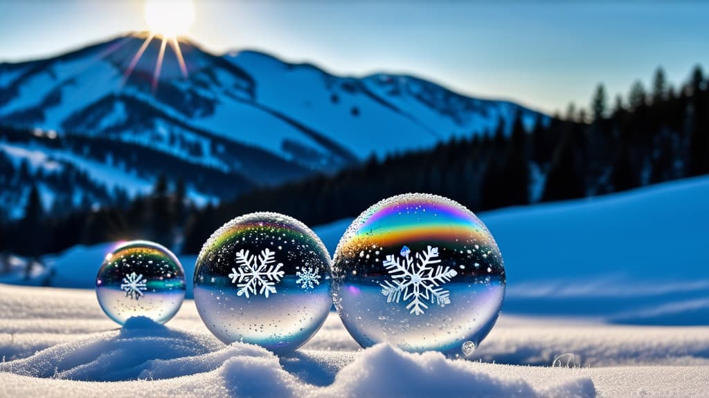  beautifully frozen soap bubbles on snow, intricate frosty patterns as the sun rises in the snowy mountains, backlighting illuminates the icy patterns on the bubbles, making them sparkle and emit glow, creating a mesmerizing sight, play of light and shadow, glitter, fabulously beautiful, ultra hd, professional macro shooting ar 16:9 {prompt}, maximum details