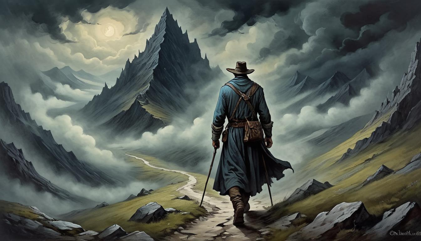  on parchment, surrealism+++, a lone traveler in tattered clothing, ascending a steep mountain trail, determined expression on their face, dark storm clouds gathering above, electric tension(mysterious, provocative, symbolic,muted color)+++