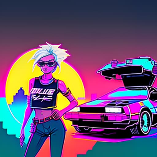 nvinkpunk a woman with white hair, a short pixie haircut in sunglasses, a top top t shirt, with a choker around her neck, stands against a neon sunset in full height near a delorean dmc 12 car. seaside, palm shade. neon sunset. in the sky neon sign "neon cherry". digital photo. high detail. high realism.