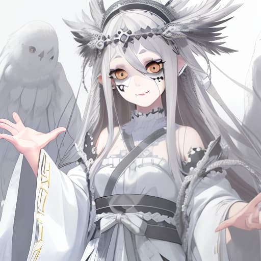  a girl with white eyes and long gray hair with feathers instead of ears embraces death, photorealistic, hyperrealistic, hyperdetailed, analog style, demure, detailed skin, pores, smirk, smiling eyes, matte skin, soft lighting, subsurface scattering, realistic, heavy shadow, masterpiece, best quality, ultra realistic, 8k, golden ratio, intricate, high detail, film photography, soft focus