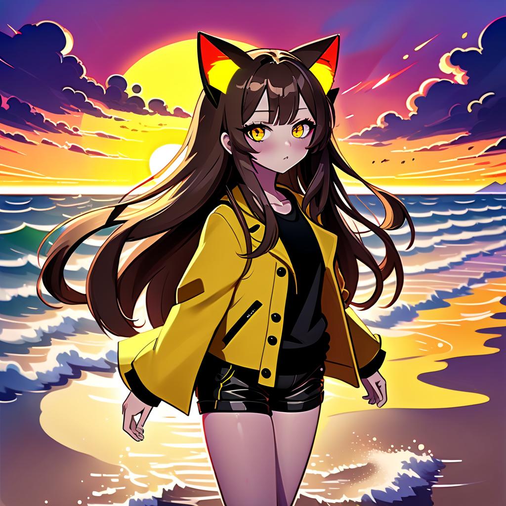  psychedelic style an anime girl with cat ears stands on the beach. she has long dark brown hair, which flies slightly in the breeze. her face, with pronounced jewish and slavic features, radiates lively energy. brown eyes are full of deep emotions, as if reflecting the vast expanses of the ocean. he wears a bright yellow coat that seems to shine, catching the eye and contrasting with the soft shades of the sunset. under her coat she wears a black shirt and black shorts are decorated with yellow elements, creating a stylish and dynamic look. a bright red sunset turns into night, and the bright red rays of the sun fall on the terrain and contrast with the night darkness. . vibrant colors, swirling patterns, abstract forms, surreal, trippy