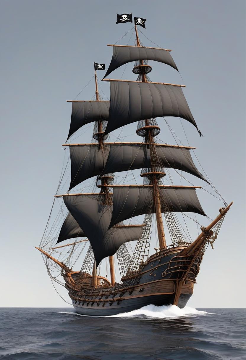  pirate schooner with black sails. white background.