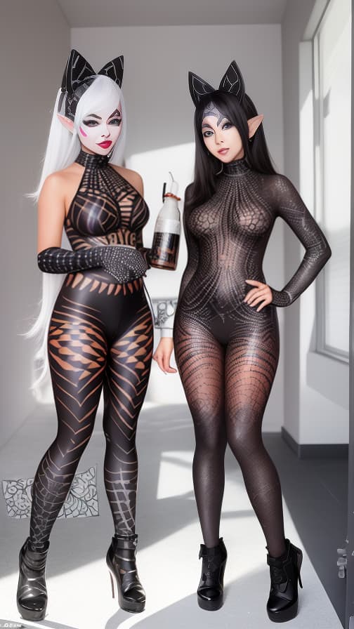  Black Spider-patterned body paint in every corner of the whole body, full-body, silver body paint, White face paint on the face,Two Dark elfs 女性