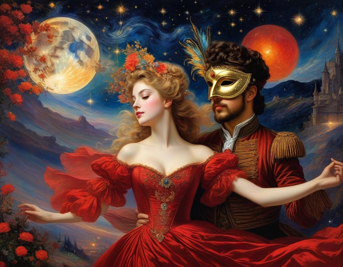  space themed (oil painting: 1.5, masterpiece: 1.7, digital art: 1.4).painting, ((man and woman dancing at a ball, dressed in renaissance style: 1.5),and wearing (venetian masquerade mask: 1.6)) (woman in a red velvet dress with embroidery). style: dark fantasy, surrealism, atmosphere full of secrets, magic and mysticism. in the manner of claude monet, van gogh, sabbas apteros, alfonso mucha, carol buck, andrew jones, yutaka kagai, fragonard. high detail. high quality 16k, hdr . cosmic, celestial, stars, galaxies, nebulas, planets, science fiction, highly detailed