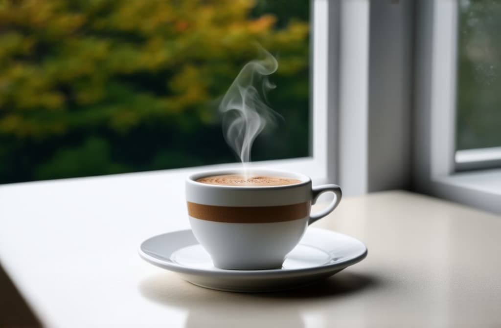  advertising style, stock photo, corporate branding style the coffee is opposite the window, it's autumn outside, steam is coming from the coffee ar 3:2 . professional, clean, modern, product focused, commercial, eye catching, minimalist, business oriented, highly detailed