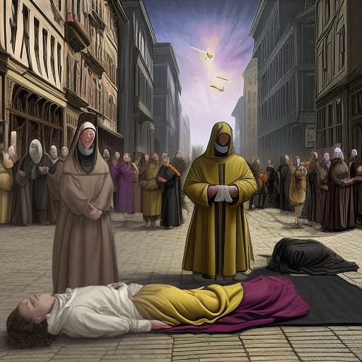  a plague is raging in a medieval city. the population of the city is seriously ill. many people are unable to walk home. doctors, in anti plague suits, together with priests, are trying to help the sick, but many people, in mournful poses, remain lying on the street. heavenly angels came to the aid of the infected city, easing the suffering of the sick.