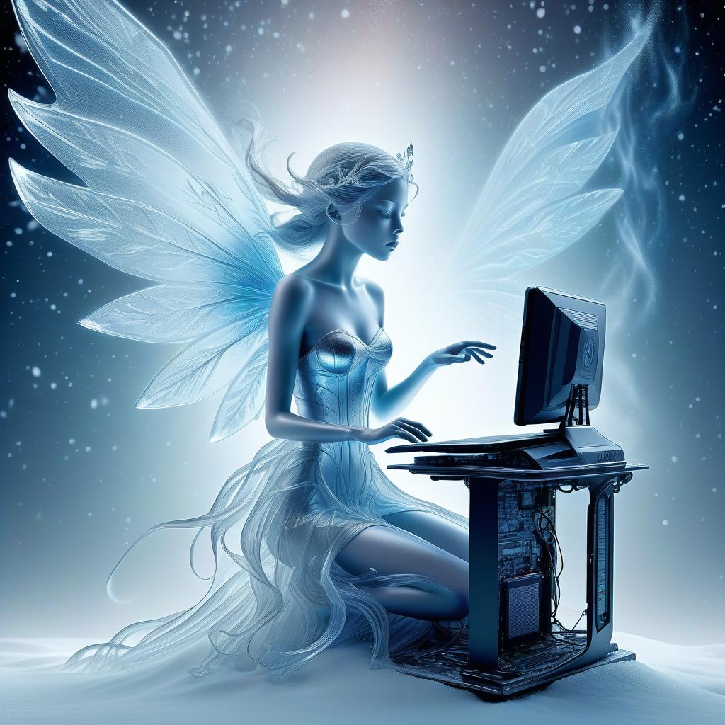  line art drawing highly detailed translucent snow fairy with wings of snow (holding a computer video card:1.3), blizzard appear from the pages of a fairy tale book, translucent snow blizzard magic snow fairy reaching out of a 3d sculptured book; the souls escaping from book, motion blur action side profile shot of spirit tepping out of book, astrodimensional iridescent spirit of the light, disintegrating into starlight and holographic particulate trails of wispy snow by alberto seveso by giger liquid snow effects in wind :: wind blowing left 3d shading; pulsing with an inner light; clear and sparkling, smooth, flowing, shimmer; 16k resolution, hyperdetailed, intricate beautiful details . professional, sleek, modern, minimalist, graphic, lin