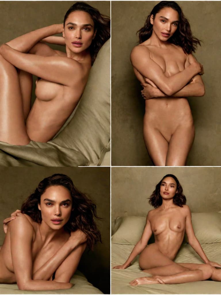  Gal Gadot, wearing no clothes, posing in various sensual positions on a bed.