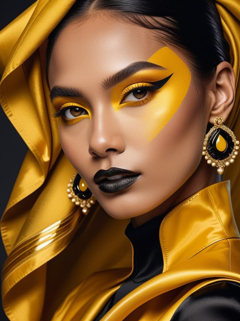  Golden yellow and sleek black color palette, captivating and inviting expression, exuding elegance and charm, magnetic beauty, intricate details, high contrast, luxurious feel, digital art, female, glossy finish, striking composition, dynamic lighting to enhance features.