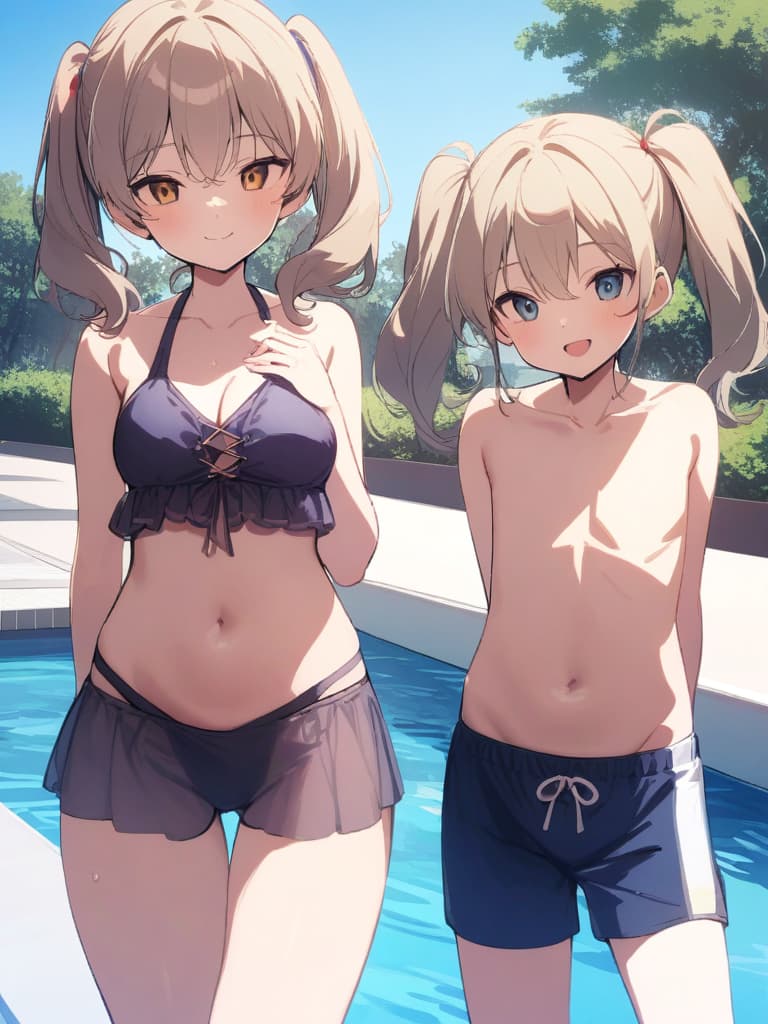  women's elementary students, twin tails, rich smiles, cute smiles, navy blue swimwear, old swimwear, swimwear, simple, male, shaped clear , shaped clear, clear stem, shaped crisp, male bulge,, front. the whole body, pool side,