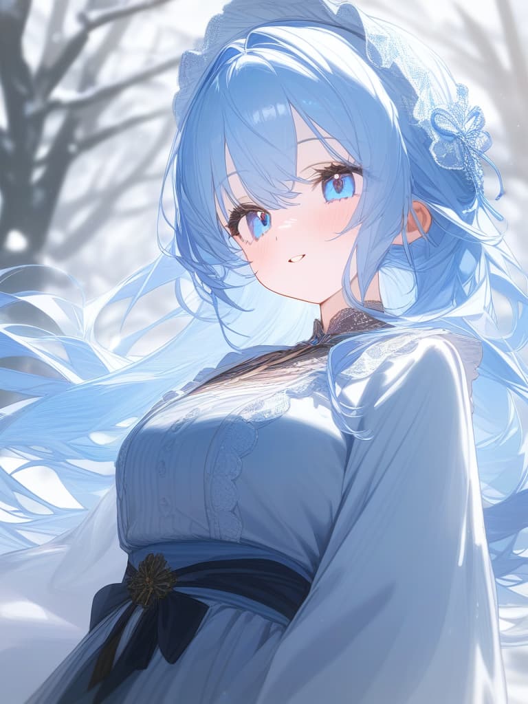  girls, white skin, light blue kimonos, light blue eyes, blue eyes, white gradation hair color, long hair, meiji, snow, cute face, frill lace, headdress, solo, masterpiece, best quality,8k,ultra detailed,high resolution,an extremely delicate and beautiful,hyper detail