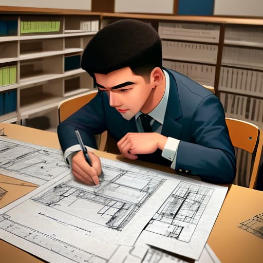  A young man was writing a report at a desk piled with engineering drawings.