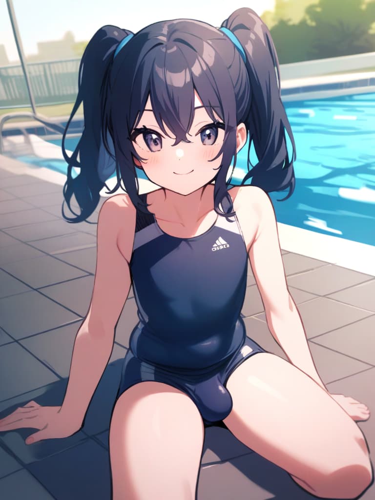  junior s, twin tails, cute smiles, dark blue hits, dark blue swimwear, dark blue swimwear, clear (double ual equipment, shaped clear, bulge, male bulging), front legs, whole body, pool, pool,