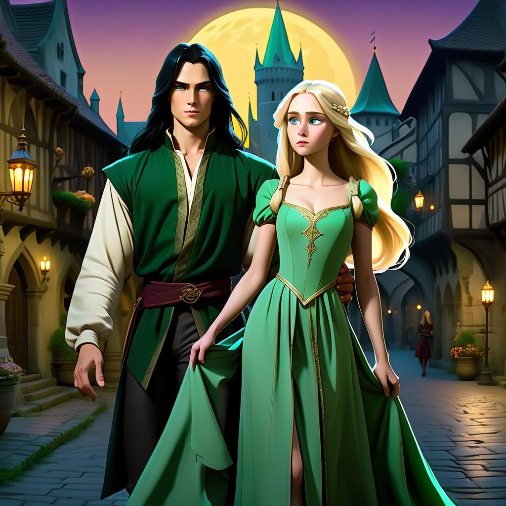  concept art a handsome man with long black hair, light gray eyes, no beard, no mustache, in aristocratic rich clothes stands next to a young blonde with long blonde hair in a green velvet dress, full height, against the background of a medieval city, night, moon in the sky, fantasy, tolkin, jared summer . digital artwork, illustrative, painterly, matte painting, highly detailed, hkmagic