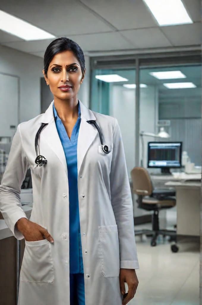  indian female doctor corporate headshot. hyperrealistic, full body, detailed clothing, highly detailed, cinematic lighting, stunningly beautiful, intricate, sharp focus, f/1. 8, 85mm, (centered image composition), (professionally color graded), ((bright soft diffused light)), volumetric fog, trending on instagram, trending on tumblr, HDR 4K, 8K