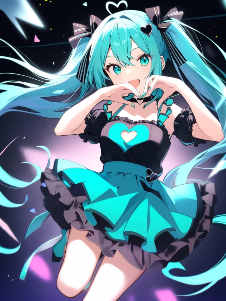  1girl,solo,hatsune miku,very long hair,twintails,aqua eyes,aqua hair,aqua nails,heart cutout,heart earrings,heart hair ornament,heart choker,heart ahoge,heart pendant,((heart hands)),smile,open mouth,jumping,floating earring,floating hair,frilled dress,frilled sleeves,puff and slash sleeves,striped dress,striped ribbon,hair ribbon,curly hair,