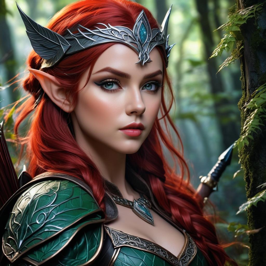  beautiful elven huntress with red hair in a dark fantasy forest photo realistic, highly intricate and detailed, masterpiece, ultra high res,photography,8k resolution