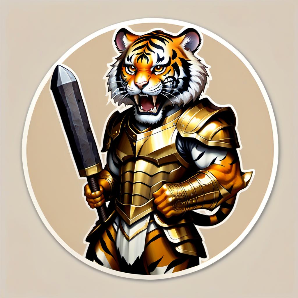  perfect world, tiger man, man, hammer, armor, beige tones, gold, sticker, sticker