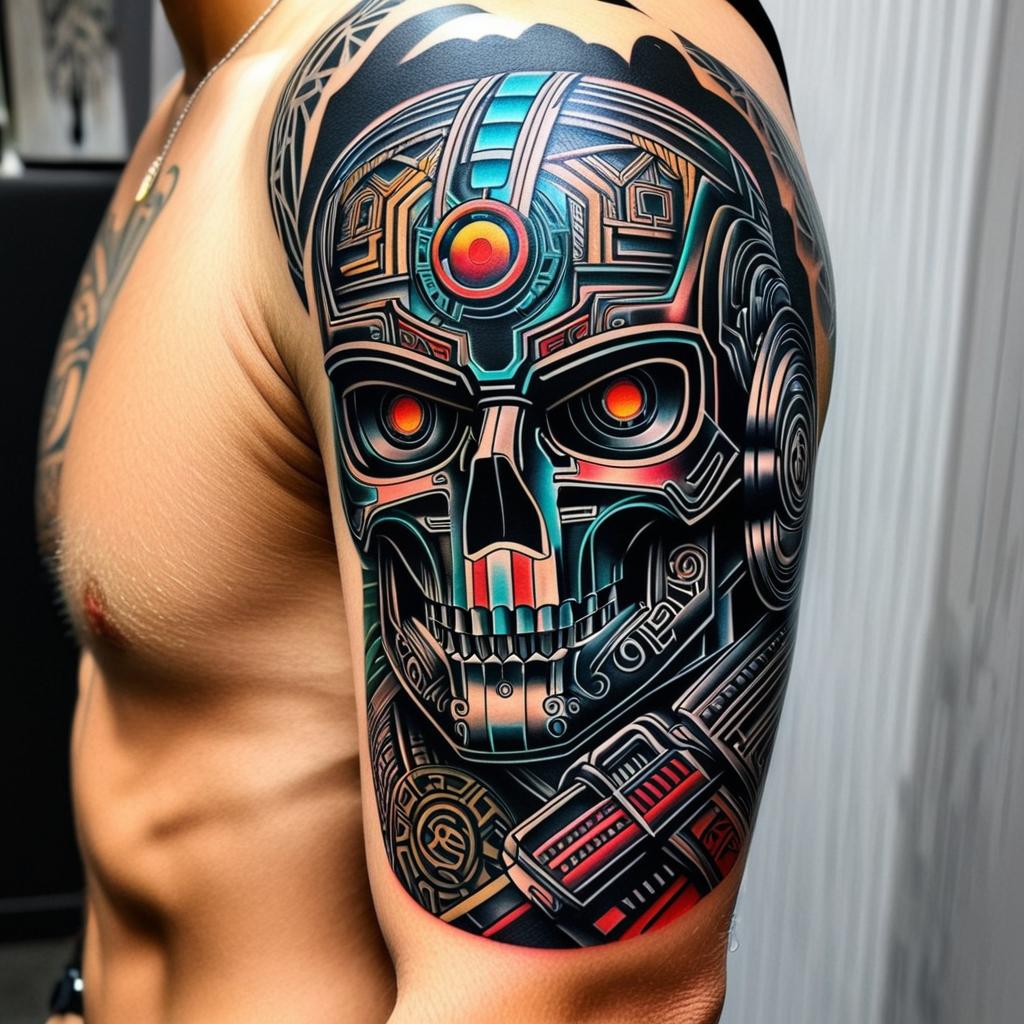  terminator mix with mayan culture starting from shoulder, (tattoo), (sleeve tattoo design on the arm)