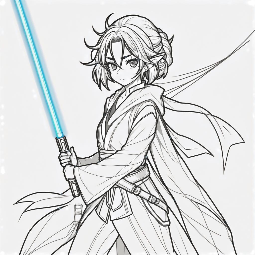  line art drawing girl cosplay jedi, same nightmare. anime style . professional, sleek, modern, minimalist, graphic, line art, vector graphics