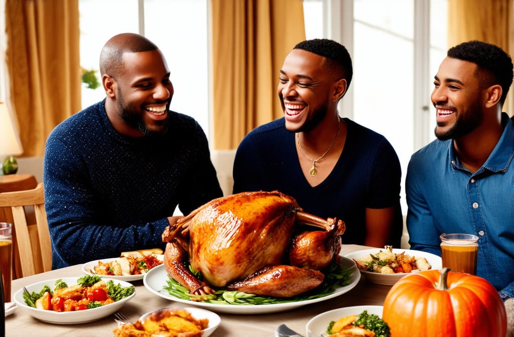  multiracial family laughing during family meal on thanksgiving in dining room, roast turkey on table ar 3:2 {prompt}, maximum details