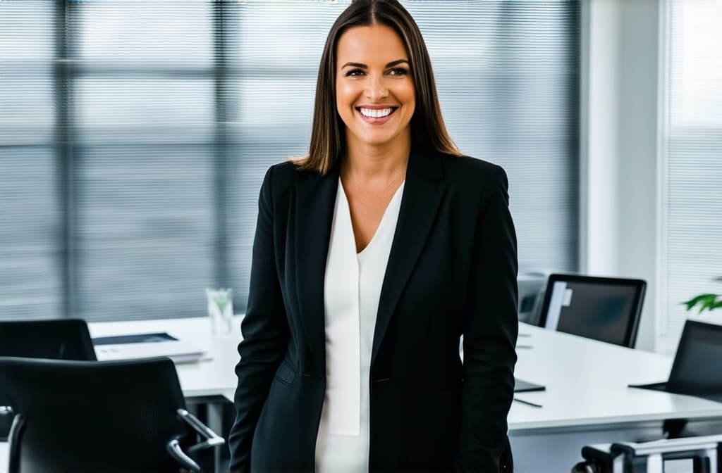  professional detailed photography, portrait of smiling businesswoman standing in open plan office. happy female professional executive manager, financial banking or marketing data. ar 3:2, (muted colors, dim colors, soothing tones), (vsco:0.3)