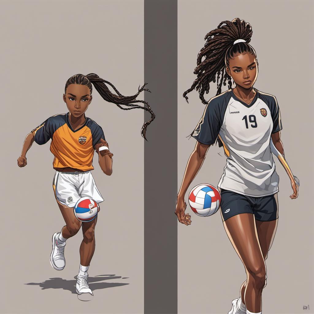  create 2 young cartoon book volleyball players. one is african with long braids. the other is white with long ponytail. brown hair. brown eyes , comic style, manga and manhwa style, painting style