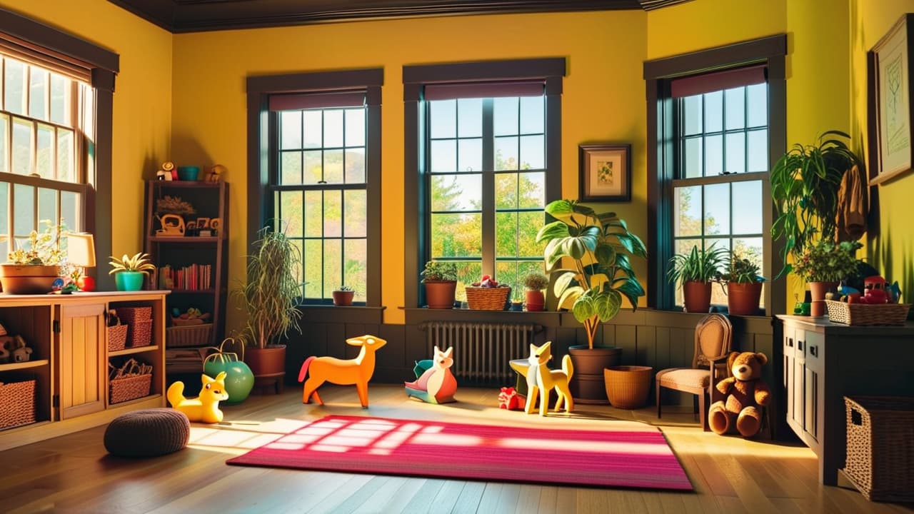  a vibrant playroom filled with natural wooden toys, organic cotton stuffed animals, and potted plants. sunlight streams through a window, casting warm shadows on recycled paper art projects displayed proudly on the walls. hyperrealistic, full body, detailed clothing, highly detailed, cinematic lighting, stunningly beautiful, intricate, sharp focus, f/1. 8, 85mm, (centered image composition), (professionally color graded), ((bright soft diffused light)), volumetric fog, trending on instagram, trending on tumblr, HDR 4K, 8K