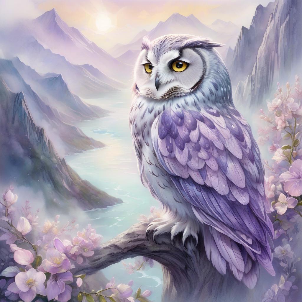  concept art the softness of everything that's peace, beautiful thoughtful owl, anatomically correct, spring's soft sea view, watercolor style of yelena yushina and kaoru yamada, mountains and stalight, windy luminous, silver lighting, dreamy and magical, highly detailed, very soft colors, soft edges, mist. realistic, blossoming, anatomically correct, soft silver violet palette . digital artwork, illustrative, painterly, matte painting, highly detailed