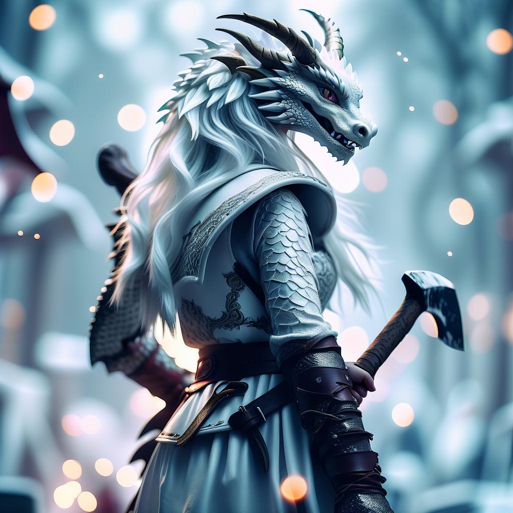  cinematic photo girl dragon of white color with an axe . 35mm photograph, film, bokeh, professional, 4k, highly detailed, civitai