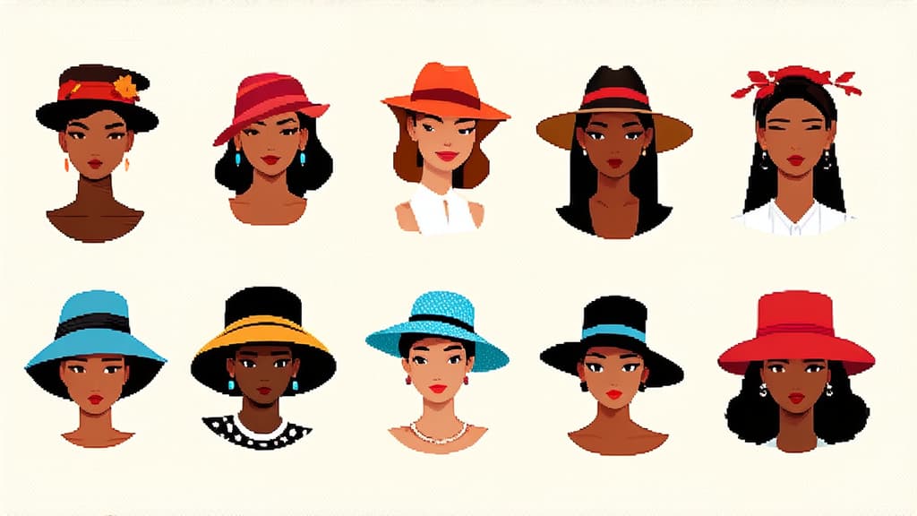  flat illustration, flaticon, (illustration:1.15), different beauty. set of different female heads in hats. different races and nationalities. colored hand drawn illustration ar 16:9, [cory loftis, strobist, pascal campion :: 0.2]