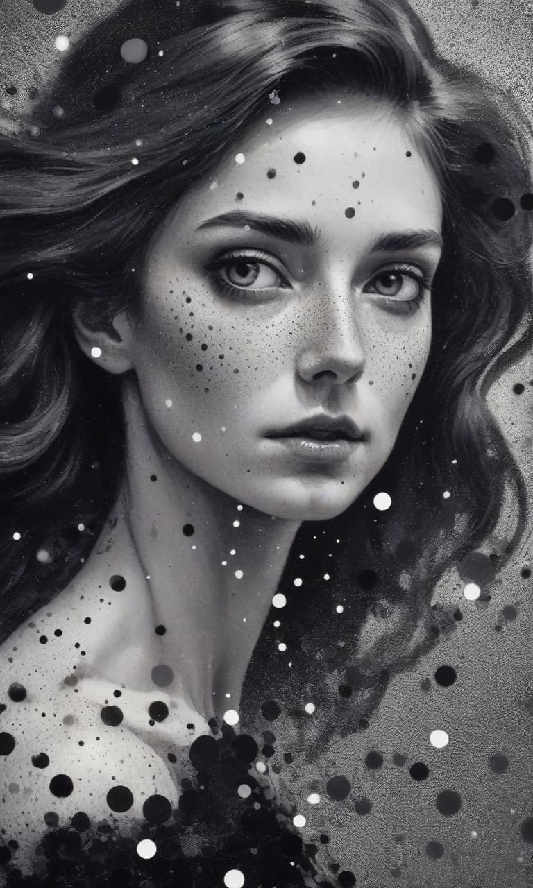  create a close up portrait of a stunning woman with her head tilted back, rendered in a stippling style with sharp black dots. the image should be in a monochromatic color scheme, with the woman's face and hair depicted in varying shades of gray. incorporate elements of pointillism, with the dots forming a textured, almost three dimensional effect. add a surreal twist by dissolving the woman's face, with the dots gradually fading away to create a dreamlike, ethereal quality. the background should be a deep, rich black, with the woman's image standing out in stark relief