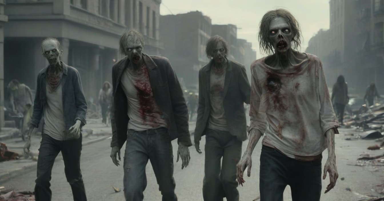  object: a group of zombies wandering down the street, with city ruins in the background. zombies should look threatening and frightened, with clear signs of decomposition and blood on their faces and clothes. description of zombie appearance: eyes blank and white the skin is gray and rotten wounds and blood on faces and clothes shaggy hair and torn clothes additional elements: destroyed cars and furniture on the street empty buildings and destroyed windows in the background small flames or smoke in the distance to add feelings of chaos and destruction scene: nature, landscapes, ocean effect: the cover should convey the sense of fear and tension that arises when zombies wander down the street. zombies should look like a threat and the st