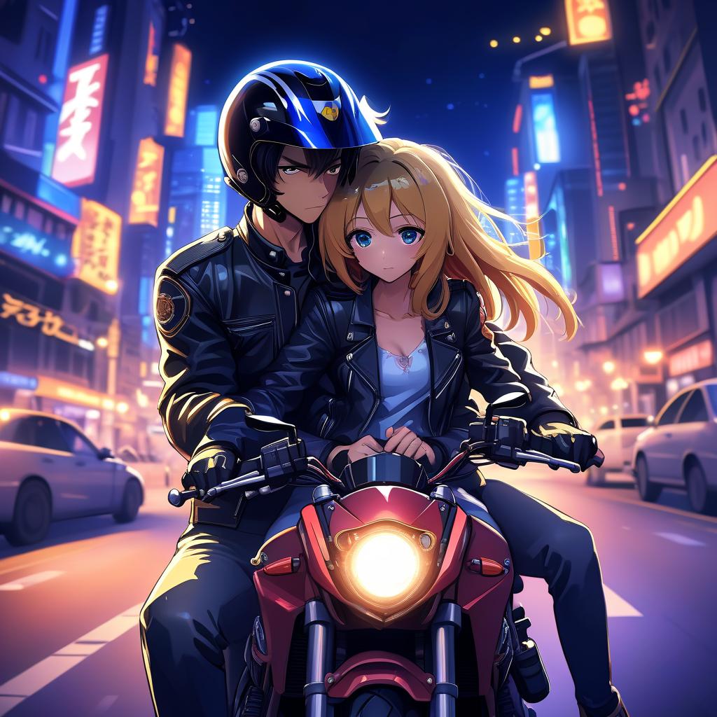  anime artwork at the wheel of a motorcycle sits a guy in a motorcycle helmet, and behind him sits a girl and hugs this guy, against the background of the night lights of the city, the picture in motion . anime style, key visual, vibrant, studio anime, highly detailed