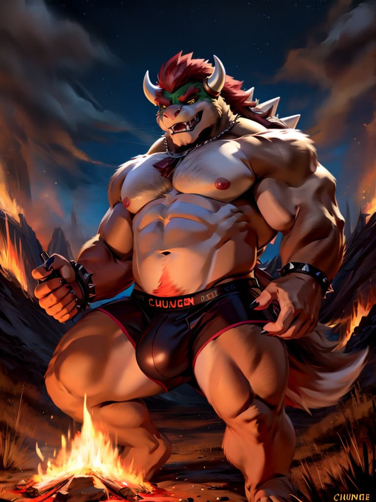  chunie dark bowser on a volcano and in just transparent boxers with a huge bulge, bloodstainai, horror, fear