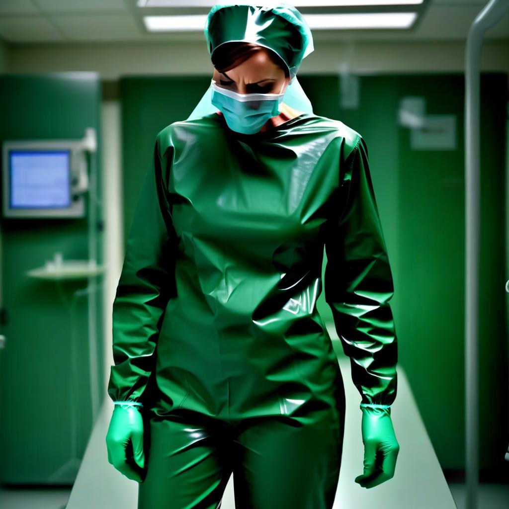  one standing, full length, front view, full face, angelina jolie's face against the background of the operating room, the operating room nurse is dressed in a knee length surgical gown, with long sleeves, with cuffs, and waistband, made of glossy latex of dark green color, on her head a surgeon's beret, made of glossy latex of dark green color, on her face a surgical mask, made of glossy latex of dark green color, on her legs trousers, made of glossy latex of dark green color, high surgical protective covers shoes pulled over the trousers, knee high, on a flat sole, without heels, for work in the operating room, made of glossy latex of dark green color, surgical gloves, made of glossy latex of dark green color