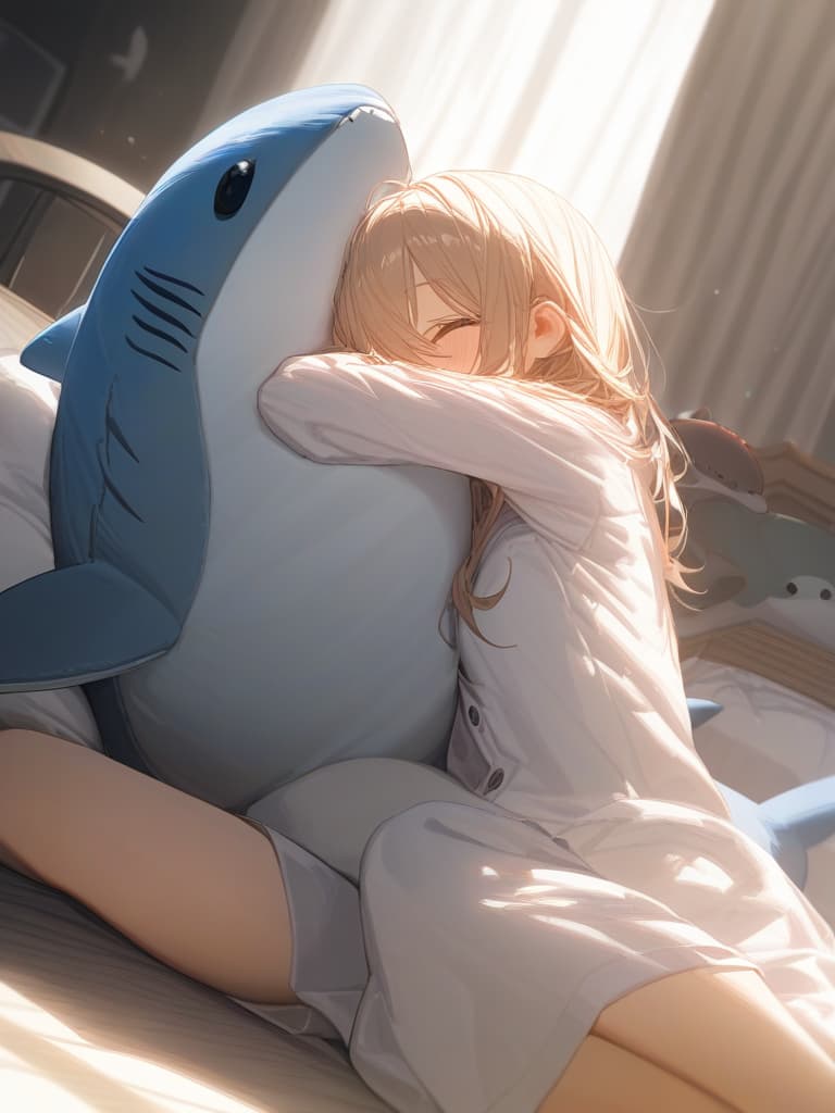  pajamas, shark stuffed animals, masterpiece, best quality,8k,ultra detailed,high resolution,an extremely delicate and beautiful,hyper detail