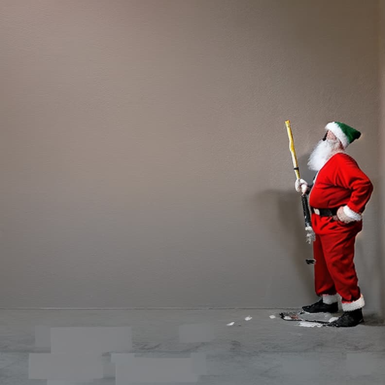  a man with a white beard mid to late 40s wearing a full red santa suit with white cuffs, black boots painting a long wall with a paint roller and an extension pole .