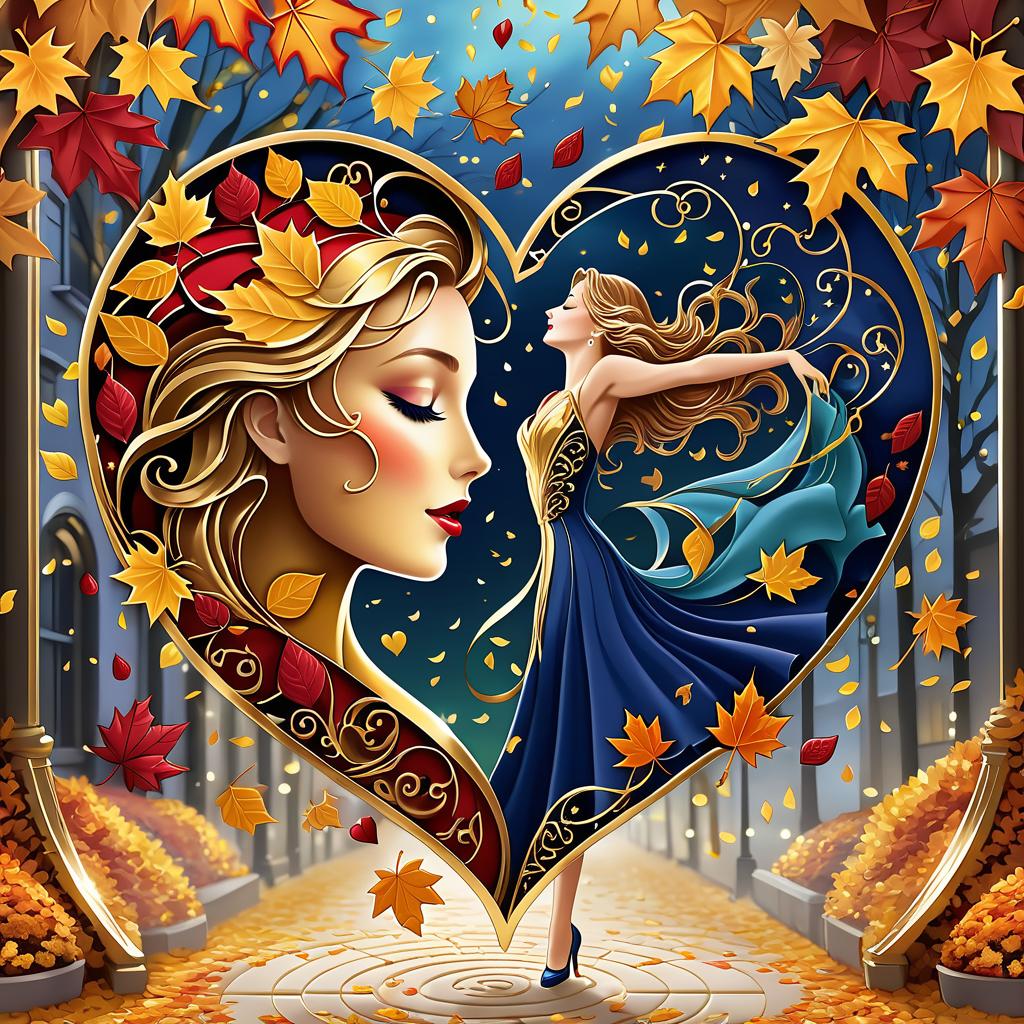  luxury product style on a carpet of yellow leaves in a simple dress of wind given crepe autumn danced a waltz boston in an alleyway. the warm day flew away and the saxophone sang hoarsely. (background of the card): falling autumn leaves, a whirlwind of autumn leaves, wind saxophone, a box of chocolates, the inscription "autumn waltz", a greeting card. (heart), a beautiful figure made of contours in the shape of a heart. (heart colour): night sky background, stars, gold pattern. (style):fantasy, autumn art, autumn romance. (colours):gold, green gold, navy blue, red, red gold, brown gold, silver, golden blue, bluish blue, dark blue on gold . elegant, sophisticated, high end, luxurious, professional, highly detailed