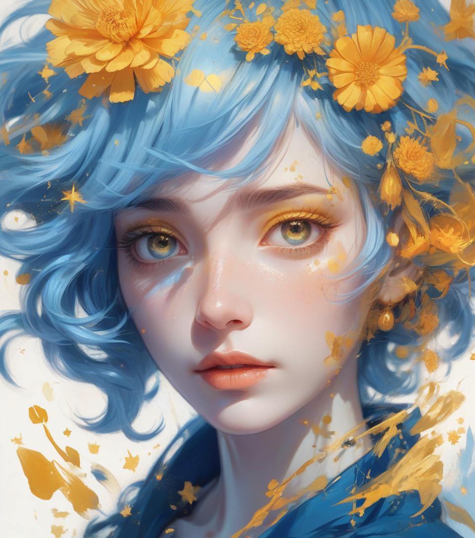  a painting of a woman with blue hair, marigold celestial vibe, :: rossdraws, blue and gold color scheme, within radiate connection, glowing aesthetic, golden taurus, suns, looking to stars, very anime, bright:. hyperrealism mixed with 2d, bold colors, stylized portraits, famous faces, pop art still life, pop art landscapes. delicate face, facial details, confident soft impressionist perfect composition, sharp, perfect eyes. jamuary 21 = drawing + romanticism + abstract art. drawing by michael ayrton, fusion of [romanticism | abstract art by alberto seveso] digitally enhanced cinematic pencil sketch manifesting intense emotion. an image must have a mysterious look and incredible masterpiece quality it must be in high resolution (8k) w