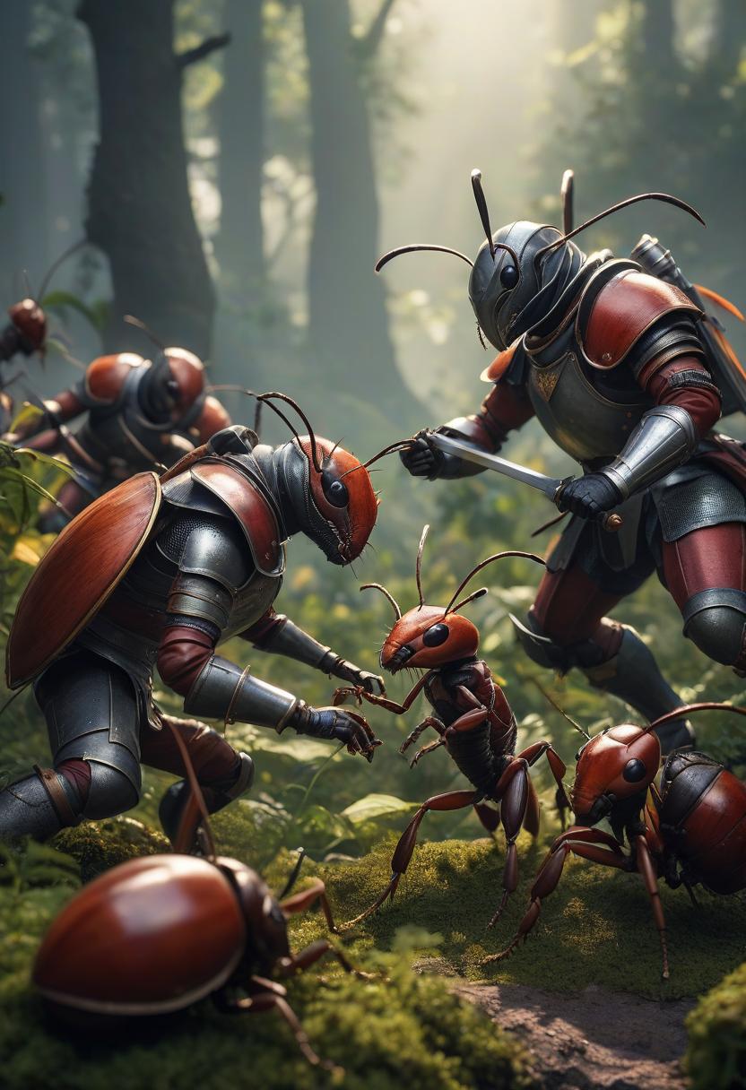  fighting game style wild people ants fight with knights . dynamic, vibrant, action packed, detailed character design, reminiscent of fighting video games hyperrealistic, full body, detailed clothing, highly detailed, cinematic lighting, stunningly beautiful, intricate, sharp focus, f/1. 8, 85mm, (centered image composition), (professionally color graded), ((bright soft diffused light)), volumetric fog, trending on instagram, trending on tumblr, HDR 4K, 8K