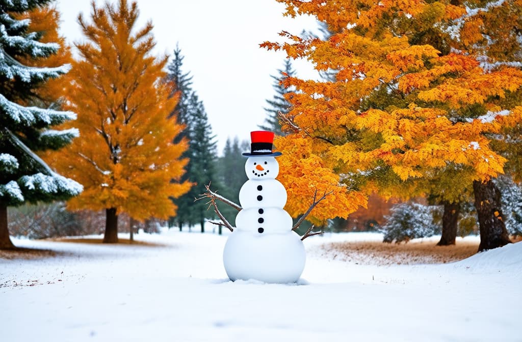  professional detailed photography, art background, autumn snowman postcard, illustration white snow background in november, cold autumn winter view december calendar ar 3:2, (muted colors, dim colors, soothing tones), (vsco:0.3)