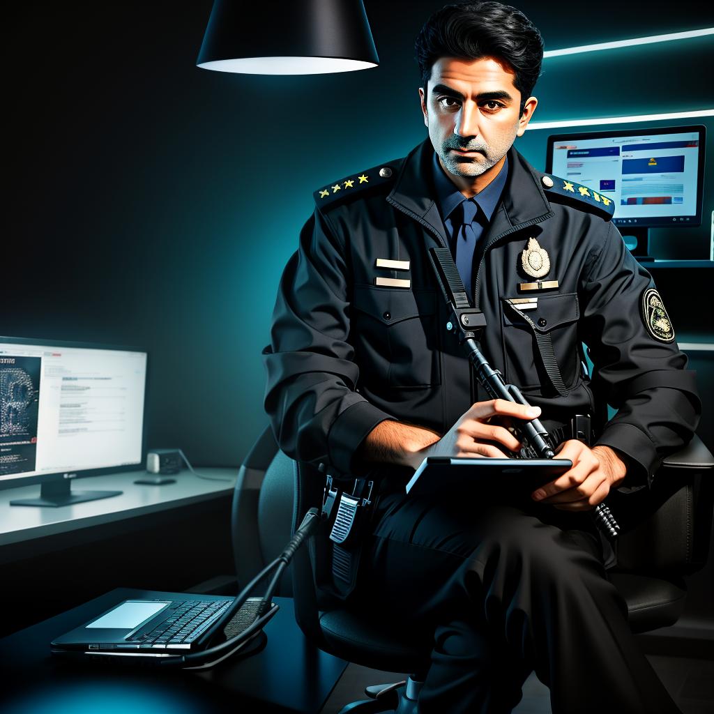  an iranian police officer sitting behind a computer desk front view with dark cyber background, award winning, professional, highly detailed, masterpiece