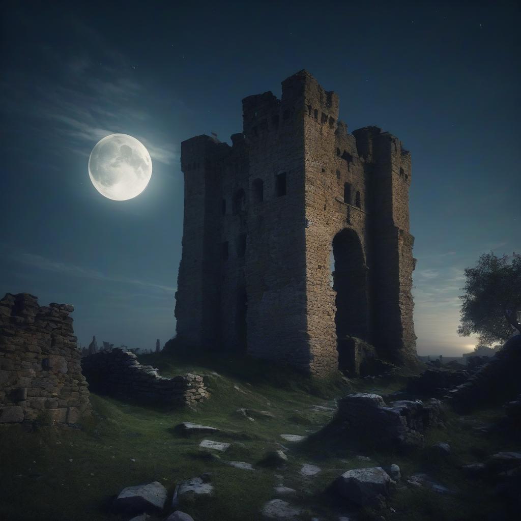  the ruins of a medieval tower in the moonlight.