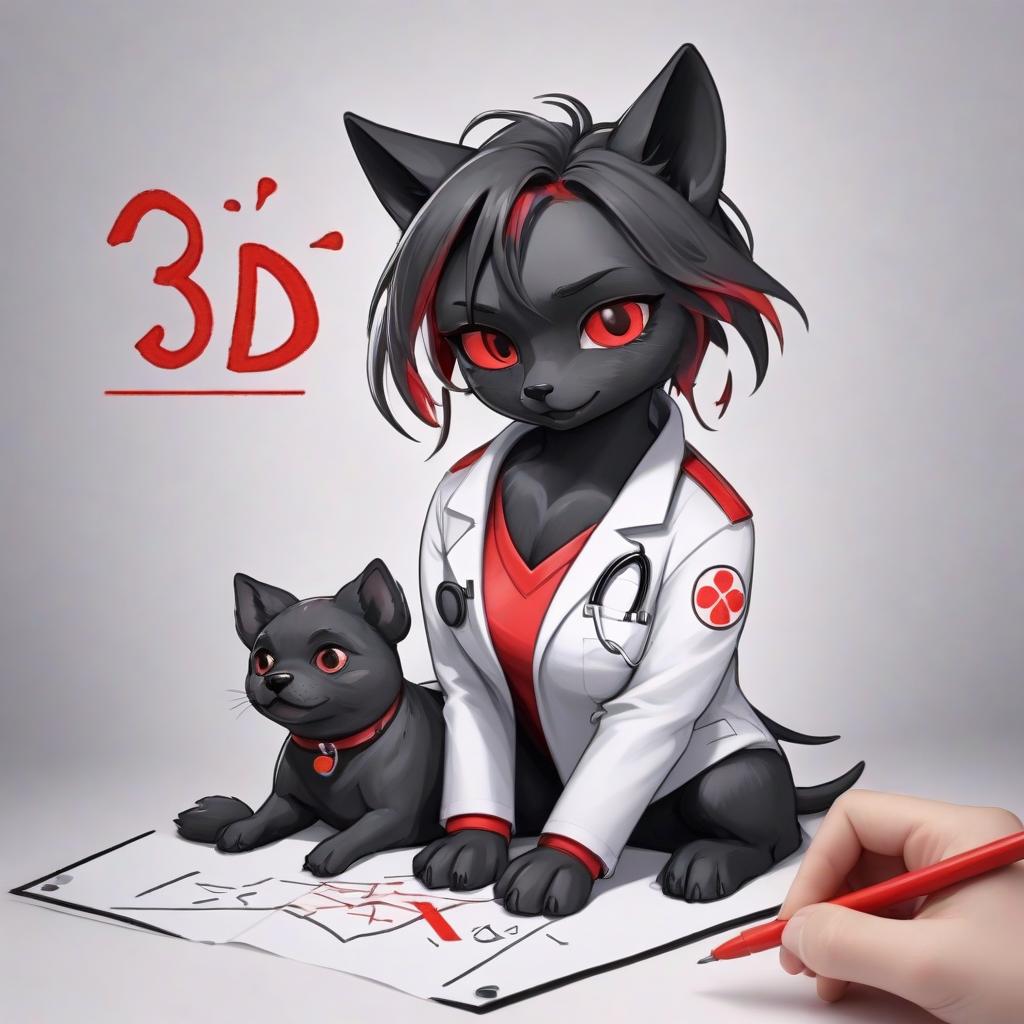  black veterinar, write with 3d in the drawing, color black red