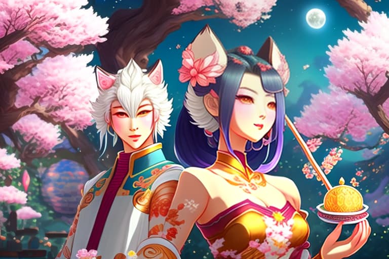 estilovintedois On the moon cake festival, kagura the character in mobile legends have white longs hair , holding the pin umbrellas under the Sakura tree ,walks alongside by the wolf buy the moon cake from the fox’s owner of the shop, the sky full moon,have the word happy moon festival